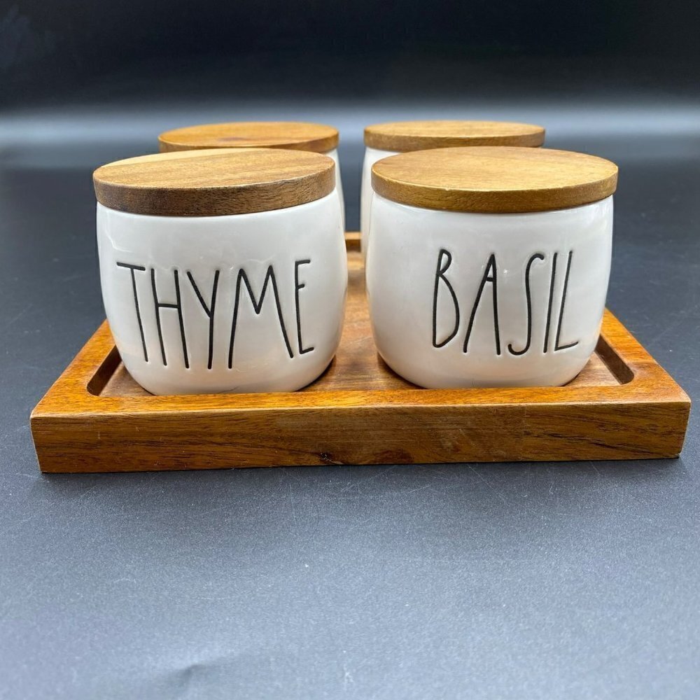 Rae Dunn Artisan Collection by Magenta Spice Jars w/Wooden Tray
